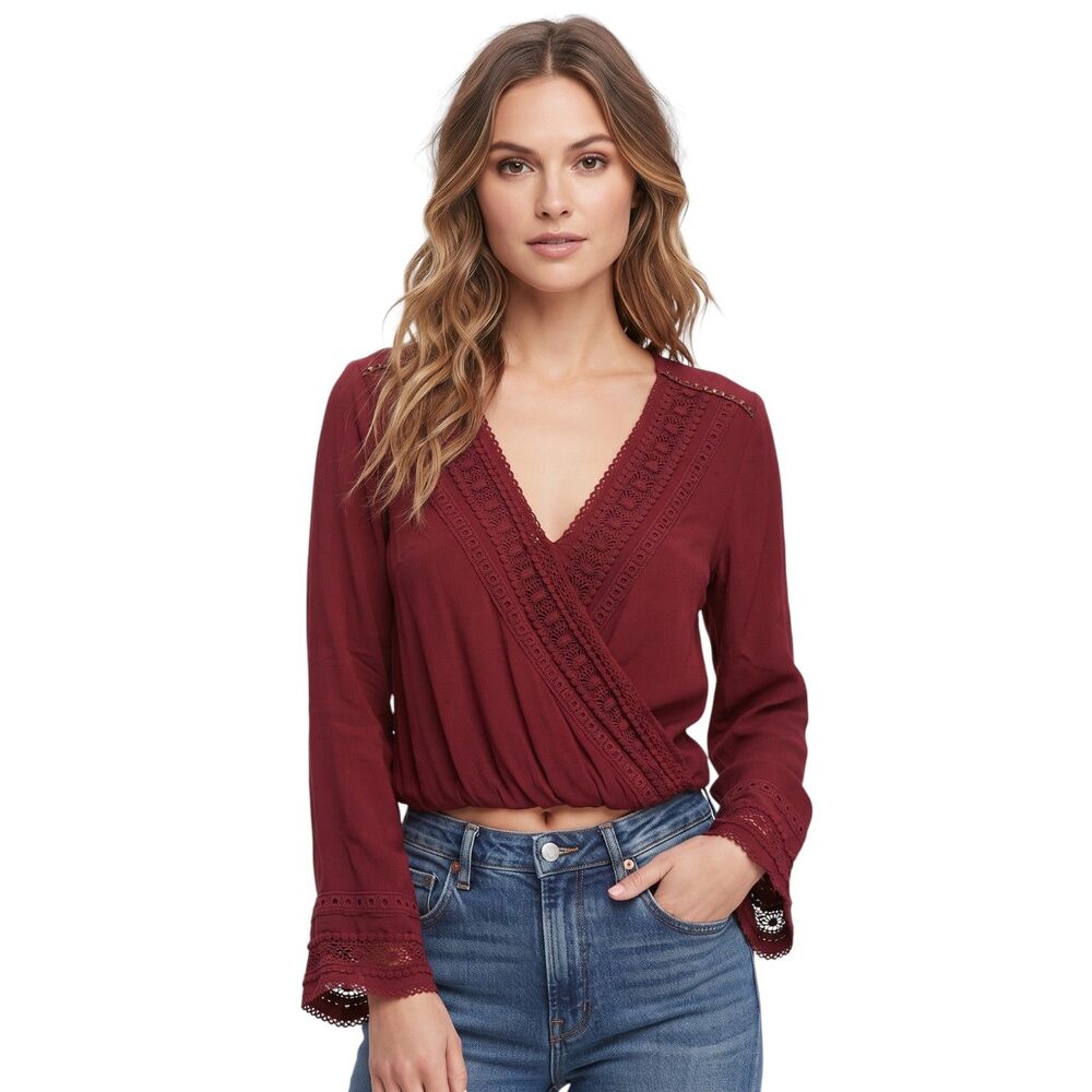 Miss Me Red Wrap V-Neck Crochet Lace Bell Sleeve Top